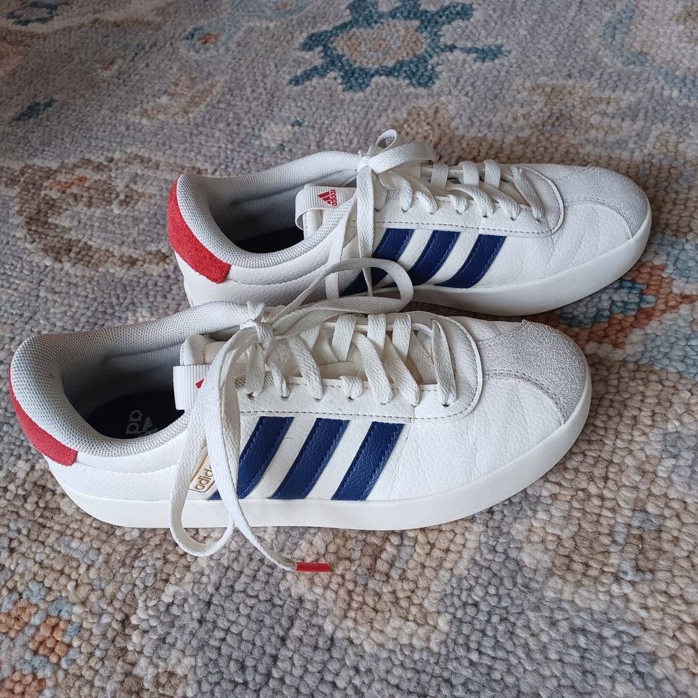 Adidas Womens White Sneakers with Blue and Red Accents